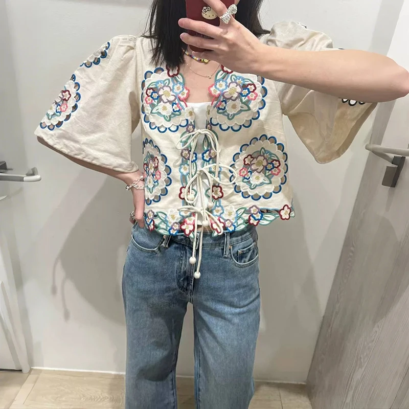 French Style Loose Fit Embroidered Cotton Lin Blend Women's Shirt with Bell Sleeves And Rope Ties Short Sleeve Top for Summer
French Style Loose Fit Embroidered Cotton Lin Blend Women's Shirt with Bell Sleeves And Rope Ties Short Sleeve Top for Summer