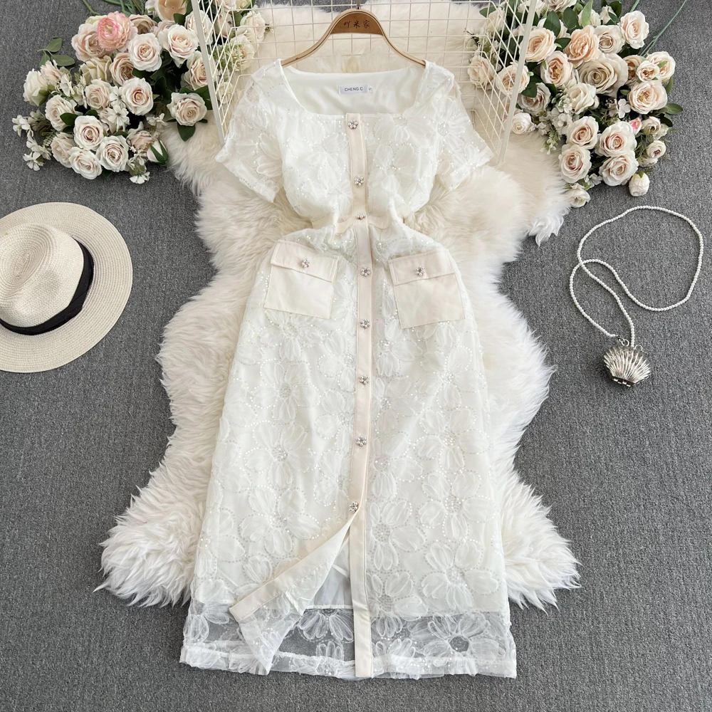 Elegant Women White Lace Dress Floral Print One Breasted Flower Button Slim Vestidos Female Summer Versatile Commute Maxi Frocks
Elegant Women White Lace Dress Floral Print One Breasted Flower Button Slim Vestidos Female Summer Versatile Commute Maxi Frocks