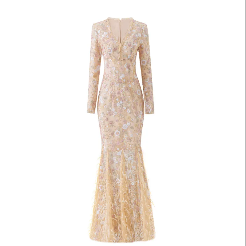 2026 Elegant Style Slim Fitted Lady Party Wear Sequined Embroidery Flower V-neck Long Sleeve Women Maxi Solid Mermaid Lace Dress
2026 Elegant Style Slim Fitted Lady Party Wear Sequined Embroidery Flower V-neck Long Sleeve Women Maxi Solid Mermaid Lace Dress