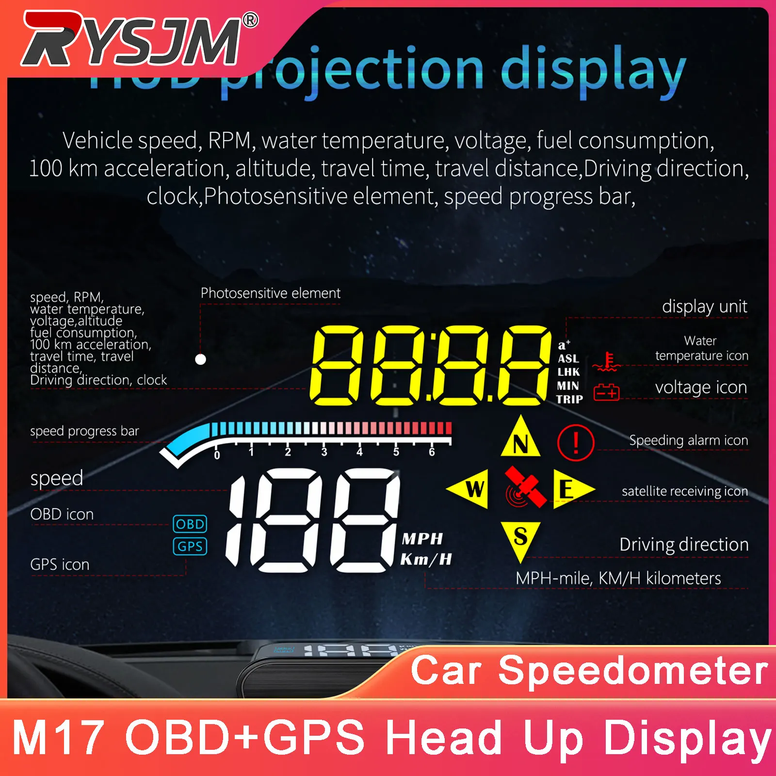 M17 Car OBD+GPS Head Up Display Dual System Smart HUD Car Speedometer Voltage Fuel Consumption Water Temperature Gauge Meter
M17 Car OBD+GPS Head Up Display Dual System Smart HUD Car Speedometer Voltage Fuel Consumption Water Temperature Gauge Meter