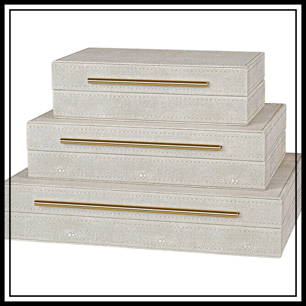 Set of 3 Ivory Shagreen Decorative Boxes with Velvet Lining, Golden Handles - Home Decor Jewelry Organizer
Set of 3 Ivory Shagreen Decorative Boxes with Velvet Lining, Golden Handles - Home Decor Jewelry Organizer