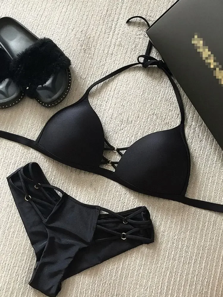 2019 Sexy Solid Black Bikini String Bikini Set Halter Swimsuit Backless Bathing Suit Women Brazilian Biquini Push Up Swimwear
2019 Sexy Solid Black Bikini String Bikini Set Halter Swimsuit Backless Bathing Suit Women Brazilian Biquini Push Up Swimwear