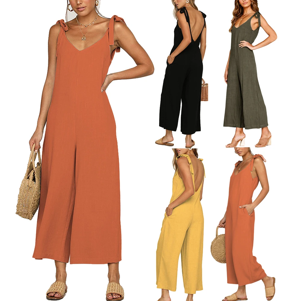 European and American summer women's jumpsuit with bow tie suspender women's jumpsuit 2025
European and American summer women's jumpsuit with bow tie suspender women's jumpsuit 2025