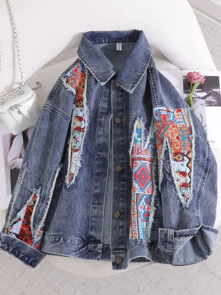 Women's Printed Spliced Denim Jacket Autumn Winter Cardigan Warm Outerwear Female Long Sleeved Casual Style Thin Coat
Women's Printed Spliced Denim Jacket Autumn Winter Cardigan Warm Outerwear Female Long Sleeved Casual Style Thin Coat