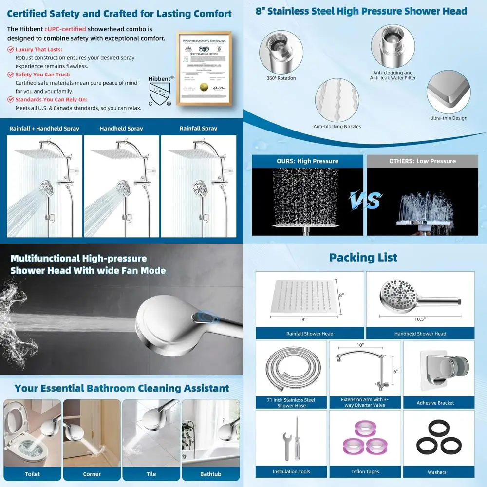 8-дюймовая душевая лейка премиум-класса с ручным душем, 16-дюймовый удлинительный кронштейн, 10 режимов распыления, 71-дюймовый шланг, хромированная отделка
8-дюймовая душевая лейка премиум-класса с ручным душем, 16-дюймовый удлинительный кронштейн, 10 режимов распыления, 71-дюймовый шланг, хромированная отделка
