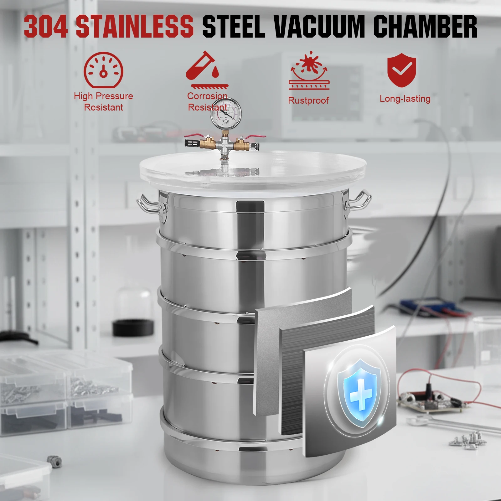 304 Stainless Steel Vacuum Chamber with Clear Lid Vacuum Defoaming Drum Without Pump for Essential Oils Stabilizing Wood Epoxies
304 Stainless Steel Vacuum Chamber with Clear Lid Vacuum Defoaming Drum Without Pump for Essential Oils Stabilizing Wood Epoxies