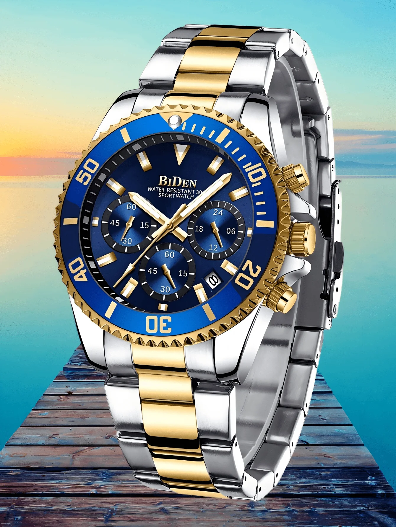 Мужские часы-хронограф с синим циферблатом, золотисто-серебристым браслетом из нержавеющей стали, водонепроницаемость 30 м.
Мужские часы-хронограф с синим циферблатом, золотисто-серебристым браслетом из нержавеющей стали, водонепроницаемость 30 м.