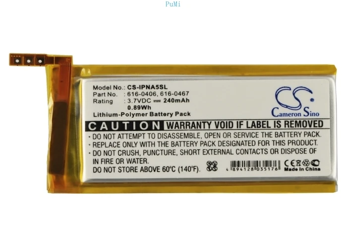 Cameron Sino Media Player Battery 616-0406 616-0467 P11G73-01-S01 for Apple iPod Nano 5th Li-Polymer 3.70V 240mAh
Cameron Sino Media Player Battery 616-0406 616-0467 P11G73-01-S01 for Apple iPod Nano 5th Li-Polymer 3.70V 240mAh