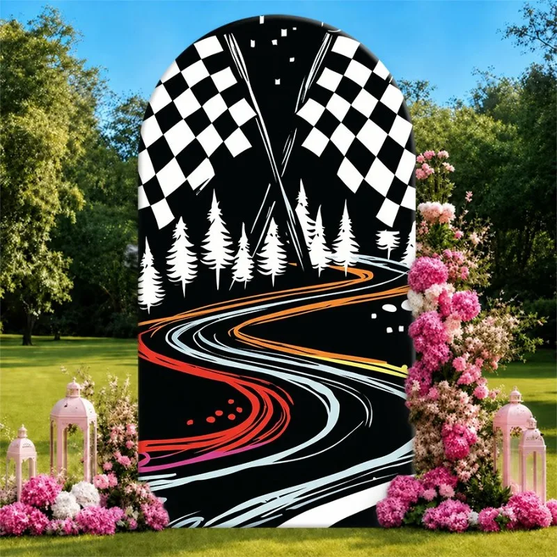 Single Side Arch Backdrop Cover Racing Track Theme Backdrop with Checkered Flags Pine Trees and Colorful Winding Road
Single Side Arch Backdrop Cover Racing Track Theme Backdrop with Checkered Flags Pine Trees and Colorful Winding Road