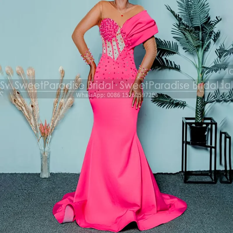 Customized Heavily Beaded Evening Dress Mermaid Long Sleeves Sheer Neck Hot Pink Satin Trumpet Prom Dresses Party
Customized Heavily Beaded Evening Dress Mermaid Long Sleeves Sheer Neck Hot Pink Satin Trumpet Prom Dresses Party