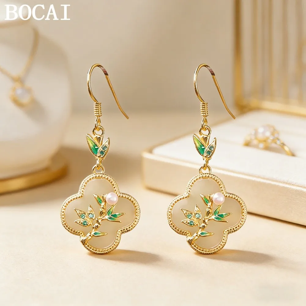 BOCAI S925 Silver Jewelry Fashion And Art Gilded Burnt Blue Bamboo Leaves Hotan Jade Earrings Selected Gifts For Women
BOCAI S925 Silver Jewelry Fashion And Art Gilded Burnt Blue Bamboo Leaves Hotan Jade Earrings Selected Gifts For Women