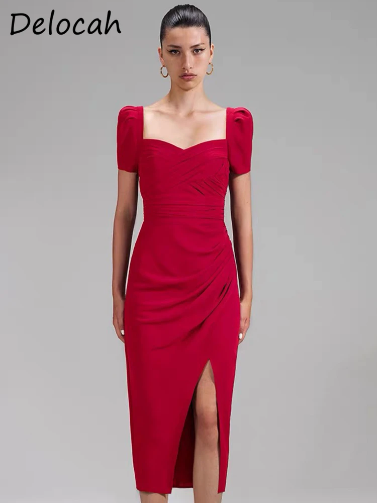 Delocah High Quality Summer Women Fashion Designer Pencil Dress Short Sleeve Shirring High Waist Red Print Split Midi Dresses
Delocah High Quality Summer Women Fashion Designer Pencil Dress Short Sleeve Shirring High Waist Red Print Split Midi Dresses