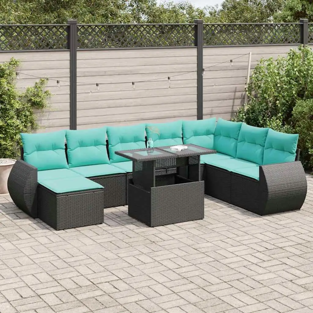 Cozy 11 Piece Outdoor Patio Sofa Set with Cushions Black Poly Rattan and Acacia Wood 
Cozy 11 Piece Outdoor Patio Sofa Set with Cushions Black Poly Rattan and Acacia Wood