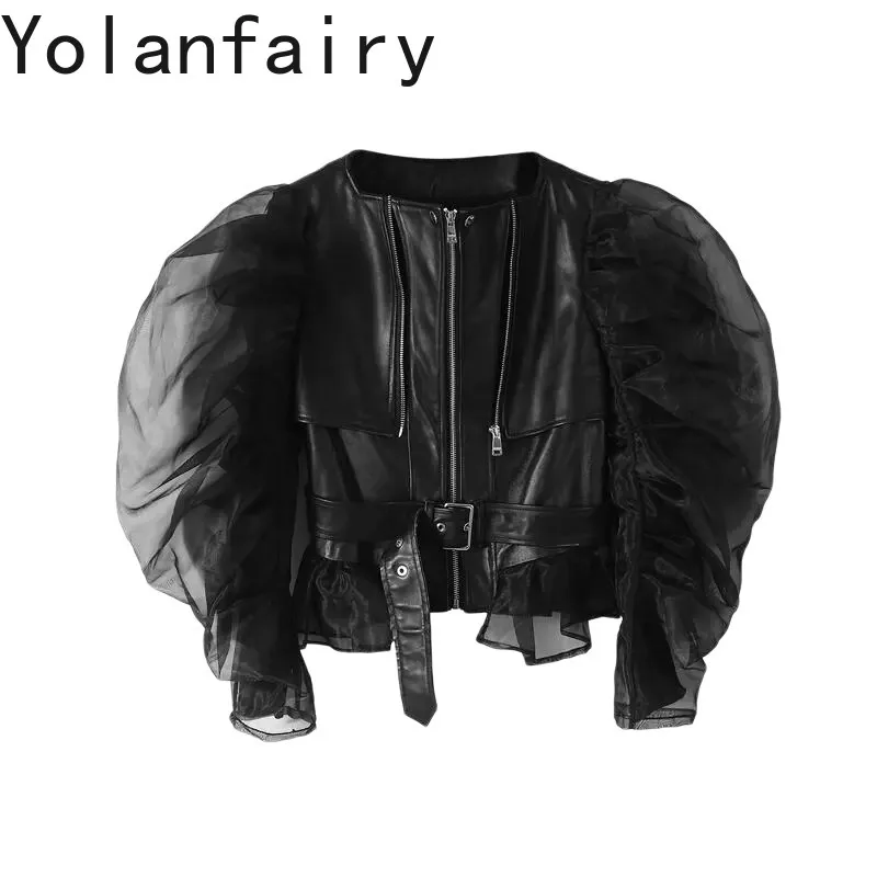 YOLANFAIRY Women 2026 Fall New Short Genuine Sheepskin Leather Jacket Black Sheer Gauze Sleeves Slim Fit Real Leather Coat Trend
YOLANFAIRY Women 2026 Fall New Short Genuine Sheepskin Leather Jacket Black Sheer Gauze Sleeves Slim Fit Real Leather Coat Trend
