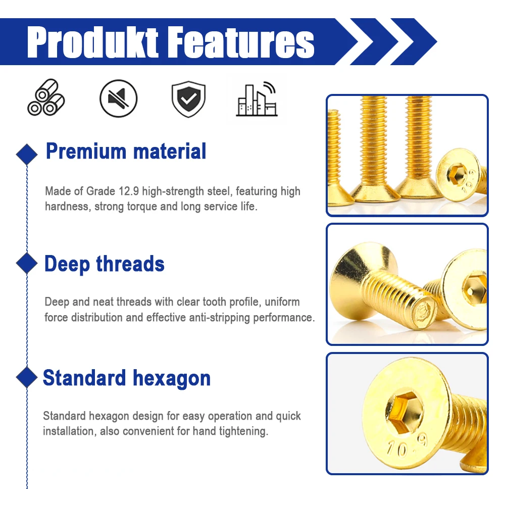 10pcs M2 M2.5 M3 M4 M5 (Grade 12.9) Carbon Steel with Gloden colour Titanium Gold Plated Flat Hex Countersunk head screw
10pcs M2 M2.5 M3 M4 M5 (Grade 12.9) Carbon Steel with Gloden colour Titanium Gold Plated Flat Hex Countersunk head screw
