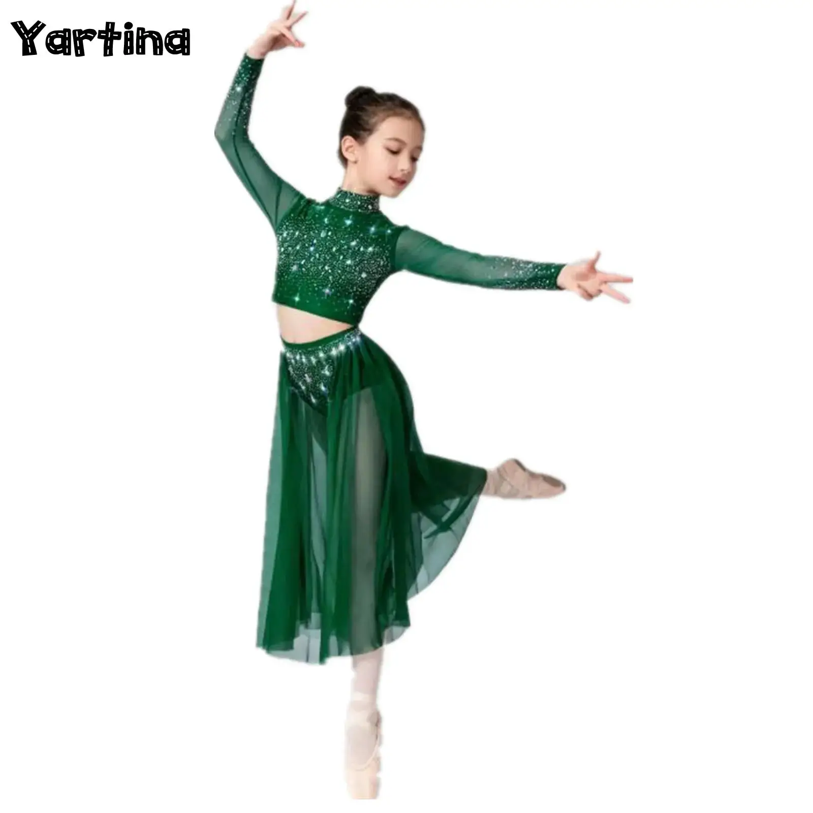 Kids Girls Ballet Lyrical Dance Outfits Performance Costume Shiny Rhinestones Crop Top with Open Front Flowy Sheer Mesh Skirt
Kids Girls Ballet Lyrical Dance Outfits Performance Costume Shiny Rhinestones Crop Top with Open Front Flowy Sheer Mesh Skirt