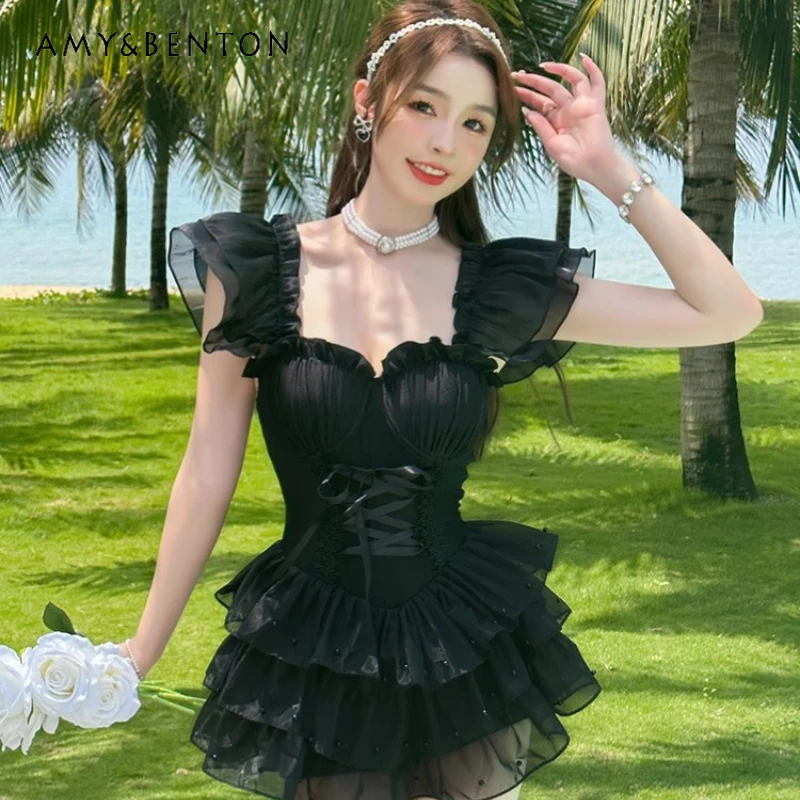 New Korean Series Women's Lace Skirt Swimwear Slim Black Lace-up Hot Spring Vacation Flying Sleeves One-piece Swimsuit Ladies
New Korean Series Women's Lace Skirt Swimwear Slim Black Lace-up Hot Spring Vacation Flying Sleeves One-piece Swimsuit Ladies
