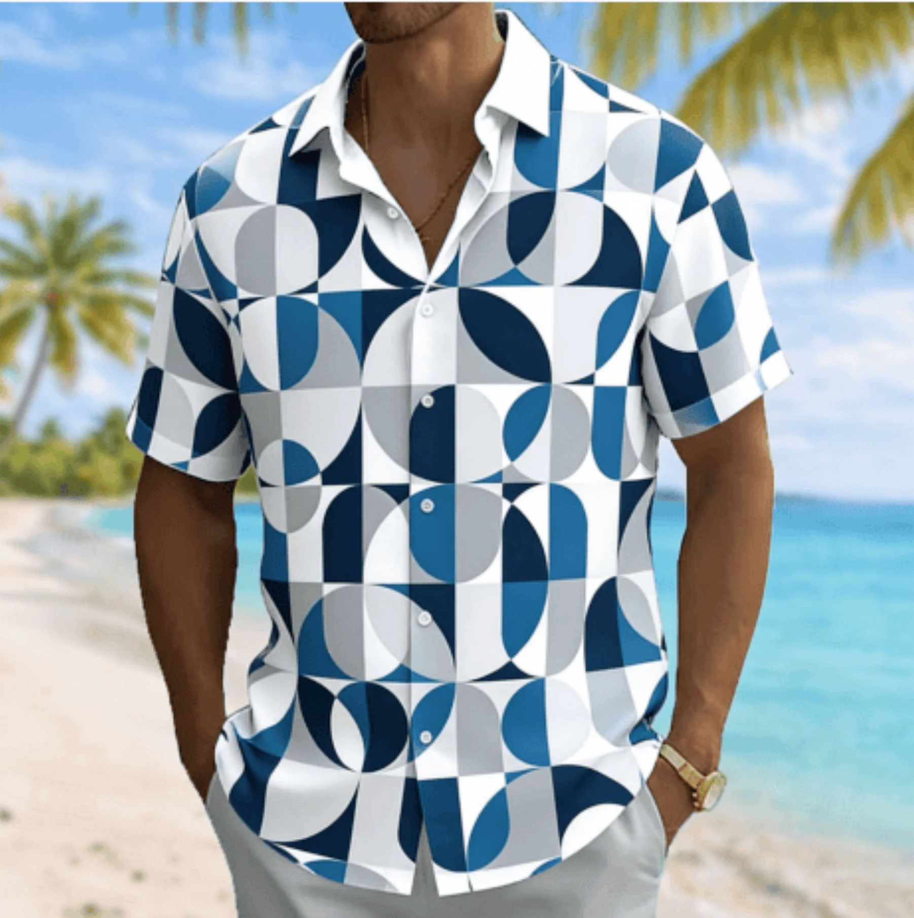 Men's Geometric Semicircle Print Short Sleeve Shirt, Spring Summer Casual Vacation Turn-Down Collar Blouse, Loose Fit Top
Men's Geometric Semicircle Print Short Sleeve Shirt, Spring Summer Casual Vacation Turn-Down Collar Blouse, Loose Fit Top