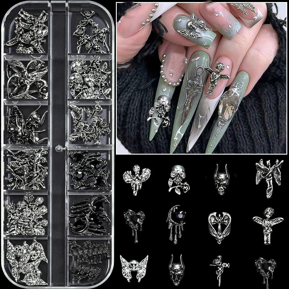 12Grids Y2k Halloween Metal Punk Rivet Nail Charms 3D Vintage Cross Baroque Angel Nail Rhinestones Gothic DIY Manicure Accessori
12Grids Y2k Halloween Metal Punk Rivet Nail Charms 3D Vintage Cross Baroque Angel Nail Rhinestones Gothic DIY Manicure Accessori