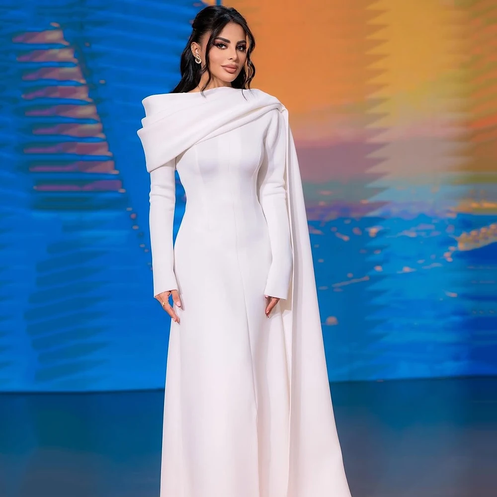 Customized White Jersey With Sweep Train Evening Dress Full Sleeves O-neck Party Gowns A-line Floor Length Prom Dress For Women
Customized White Jersey With Sweep Train Evening Dress Full Sleeves O-neck Party Gowns A-line Floor Length Prom Dress For Women