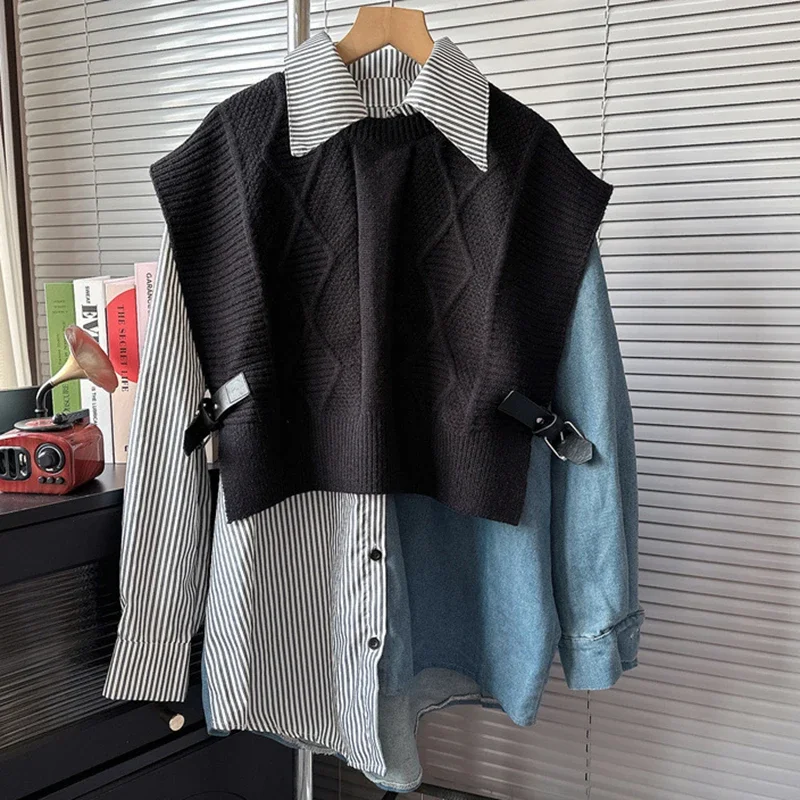 Модные винтажные дизайнерские полосатые джинсовые рубашки в стиле пэчворк, блузки, нерегулярный вязаный жилет, тонкие универсальные джинсы, комплект из двух предметов
Модные винтажные дизайнерские полосатые джинсовые рубашки в стиле пэчворк, блузки, нерегулярный вязаный жилет, тонкие универсальные джинсы, комплект из двух предметов