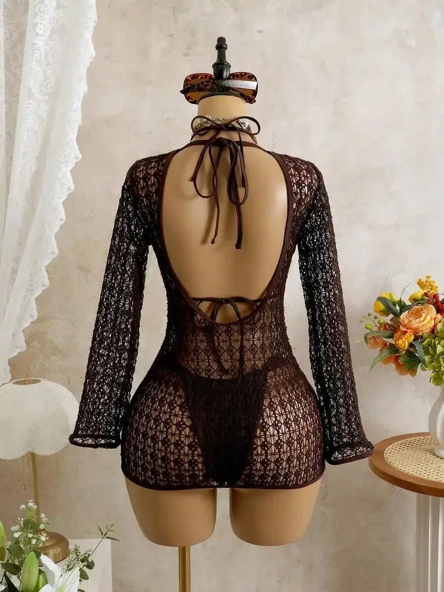 Womens Vintage Lace Bodysuit With Long Sleeves And Back Tie Detail Brown Beach Cover Up
Womens Vintage Lace Bodysuit With Long Sleeves And Back Tie Detail Brown Beach Cover Up