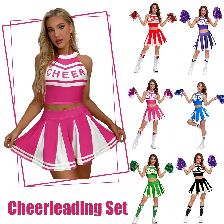 6 Colors Cheerleading Uniform Set Women Cheer Leader Costume with Pom Poms for Halloween Cosplay Party Stage Performance
6 Colors Cheerleading Uniform Set Women Cheer Leader Costume with Pom Poms for Halloween Cosplay Party Stage Performance