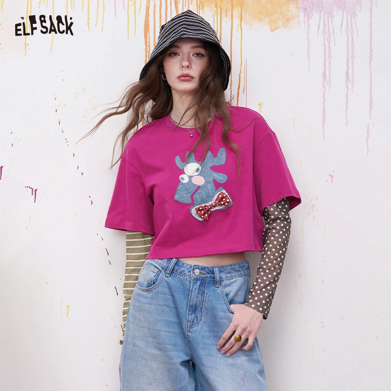 ELFSACK Cute Long Sleeve T-Shirt with Moose Applique, Fake Two-Piece Tee with Striped and Polka Dot Sleeves, Women's Casual Top
ELFSACK Cute Long Sleeve T-Shirt with Moose Applique, Fake Two-Piece Tee with Striped and Polka Dot Sleeves, Women's Casual Top