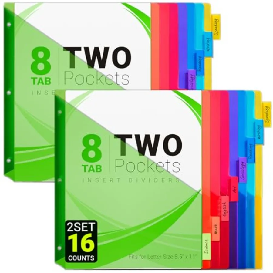 8-Tab Dividers for 3-Ring Binders, 16 Counts 3 Holes Index Dividers with 2 Pockets, Insertable 8 Tabs Binder Divider for 0.5''/
8-Tab Dividers for 3-Ring Binders, 16 Counts 3 Holes Index Dividers with 2 Pockets, Insertable 8 Tabs Binder Divider for 0.5''/