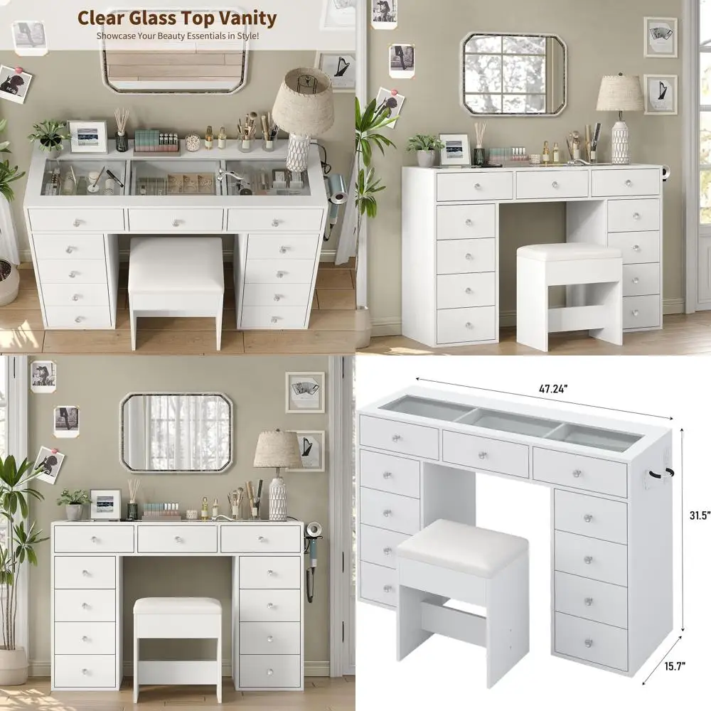 47 Glass Top Makeup Vanity Desk with Drawers, Charging Station, and Chair, Ideal for Bedroom or Dressing Room, White
47 Glass Top Makeup Vanity Desk with Drawers, Charging Station, and Chair, Ideal for Bedroom or Dressing Room, White