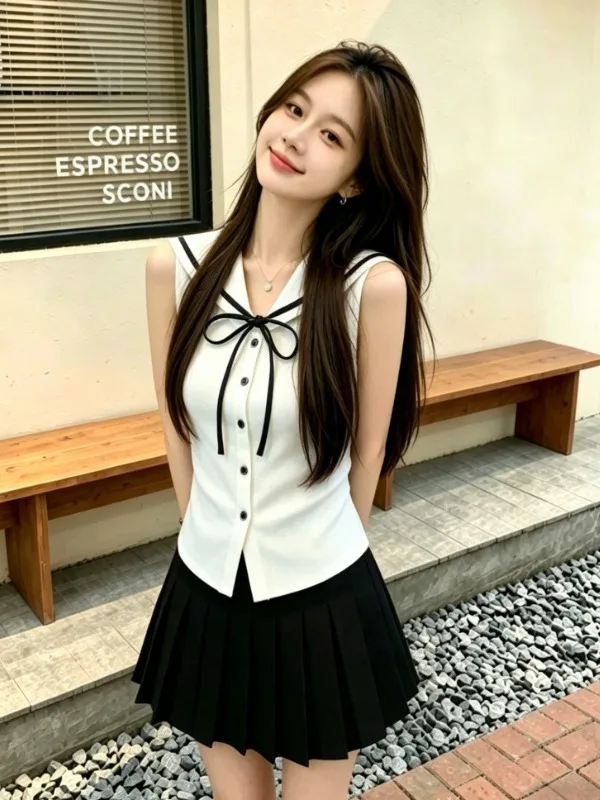 Fashionable Navy Collar V-Neck Sleeveless Slimming Top And Half Skirt Set Women's College Style 2026 Summer Collection
Fashionable Navy Collar V-Neck Sleeveless Slimming Top And Half Skirt Set Women's College Style 2026 Summer Collection
