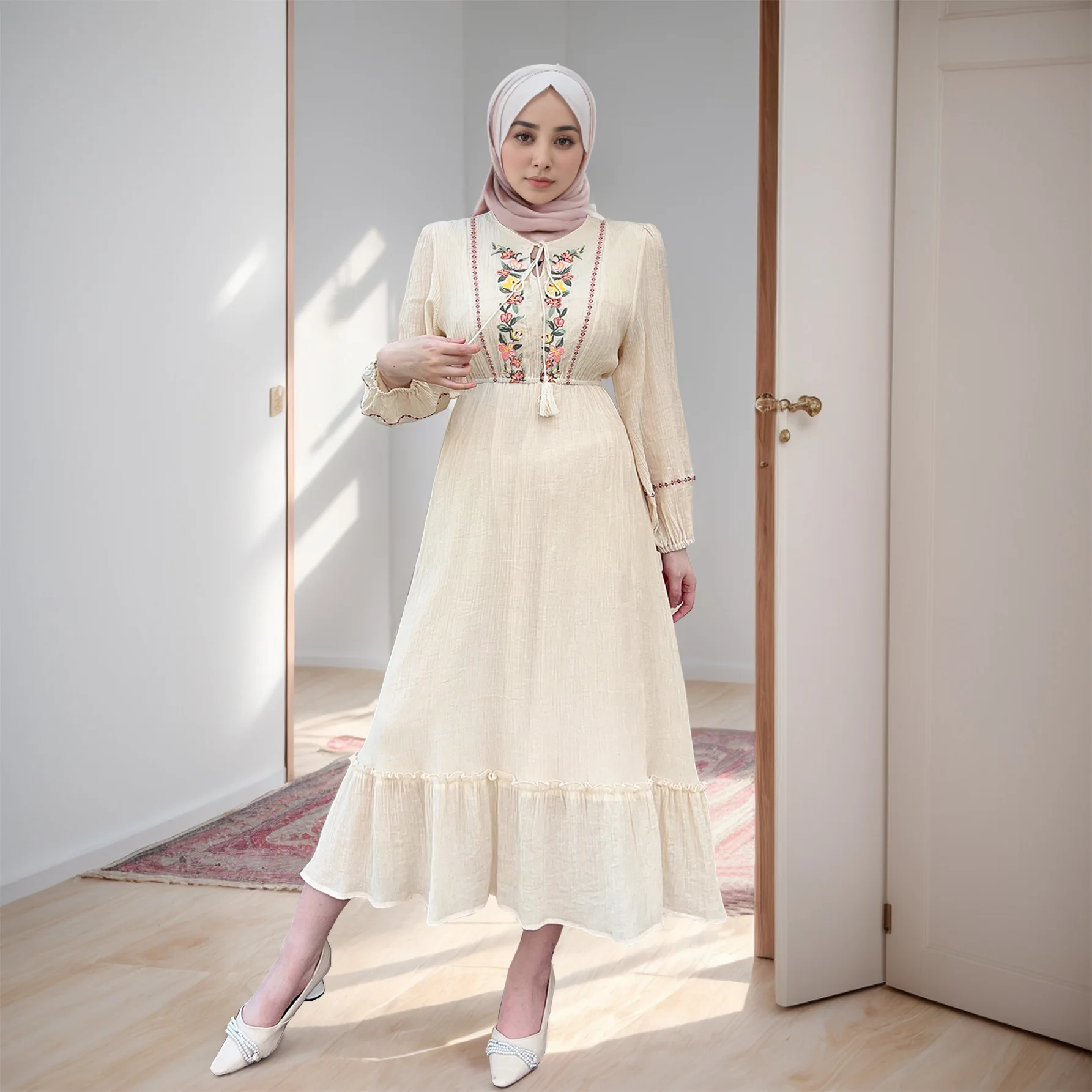 New Style of Southeast Asian Muslim Women's Casual Wear: Embroidered Mid-length Dress with Ruffled Edges and A Cinched Waist.
New Style of Southeast Asian Muslim Women's Casual Wear: Embroidered Mid-length Dress with Ruffled Edges and A Cinched Waist.