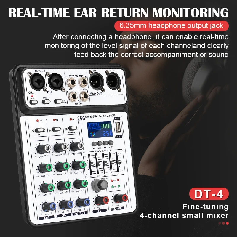 Fuluode 4 Channel Audio Mixer DJ Mixing Console Professional Mixer Control Panel 5-band EQ Monitor Karaoke System USB Mixer
Fuluode 4 Channel Audio Mixer DJ Mixing Console Professional Mixer Control Panel 5-band EQ Monitor Karaoke System USB Mixer