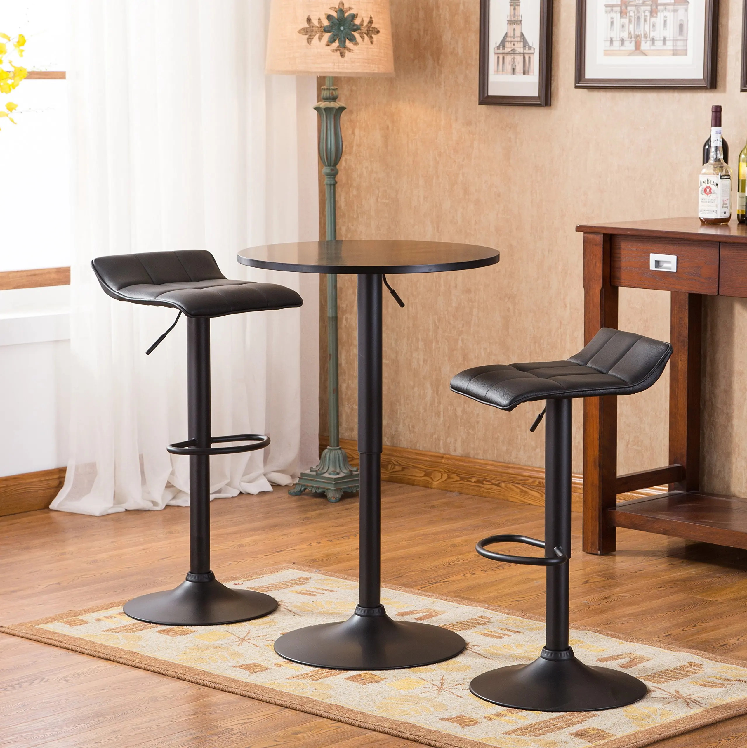Black Round Adjustable Height Bar Table With Two Swivel Bonded Leather Bar Stools Set
Black Round Adjustable Height Bar Table With Two Swivel Bonded Leather Bar Stools Set