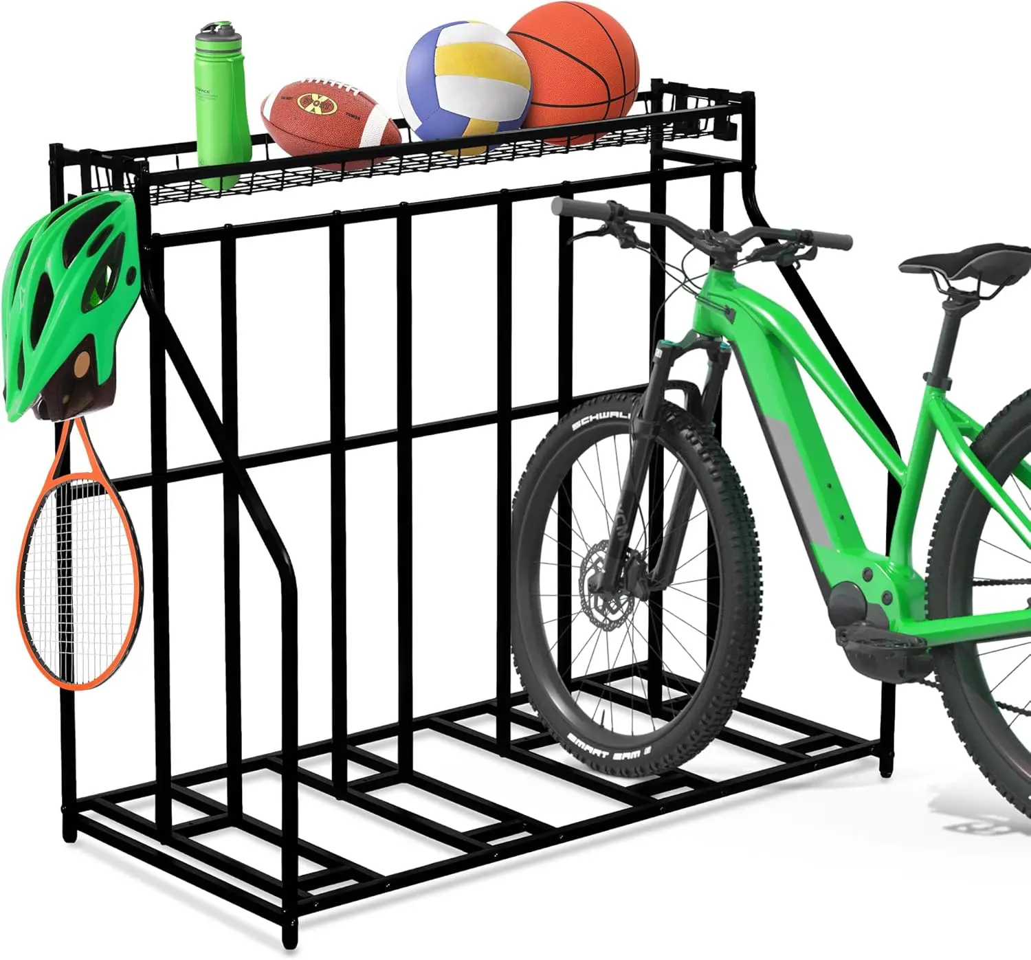 4-Bike Stand with Adjustable Slots and Storage Basket for Garage Organization
4-Bike Stand with Adjustable Slots and Storage Basket for Garage Organization