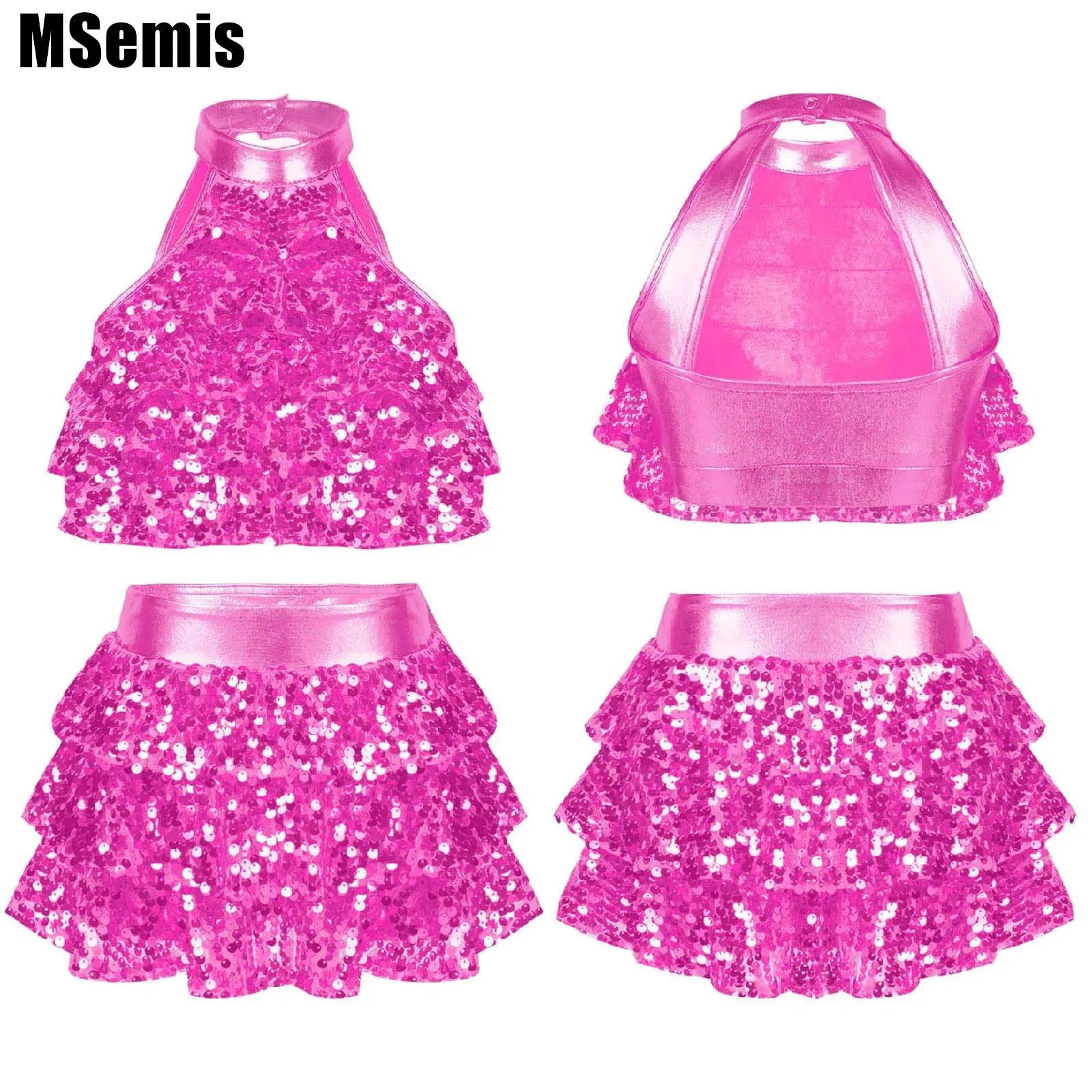 Kids Girls Shiny Sequins Dance Outfits Tiered Crop Top with Elastic Waistband Skirt Stylish Clothing Round Collar Backless
Kids Girls Shiny Sequins Dance Outfits Tiered Crop Top with Elastic Waistband Skirt Stylish Clothing Round Collar Backless