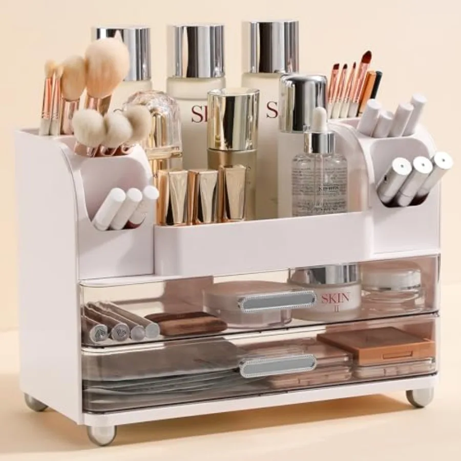 Makeup Organizer Countertop with Large Drawers, Vanity Organizer with Brush Holder, Skin Care Storage for Dresser, Perfume Orga
Makeup Organizer Countertop with Large Drawers, Vanity Organizer with Brush Holder, Skin Care Storage for Dresser, Perfume Orga