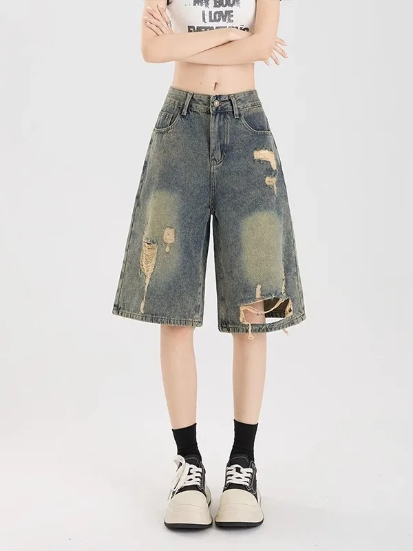 Ретро-синие джинсы с эффектом потертости, женские брюки средней длины в американском уличном стиле, свободные, прямые, широкие, из денима, состоящие из пяти частей
Ретро-синие джинсы с эффектом потертости, женские брюки средней длины в американском уличном стиле, свободные, прямые, широкие, из денима, состоящие из пяти частей