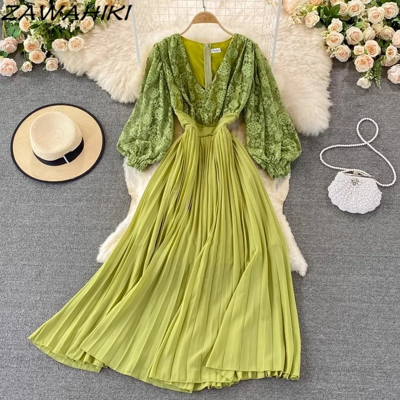 Long Dresses for Women Lace Patchwork Pleated Vestidos Office Lady Solid Color Women's Dress Puff Sleeve Casual Femme Robe
Long Dresses for Women Lace Patchwork Pleated Vestidos Office Lady Solid Color Women's Dress Puff Sleeve Casual Femme Robe