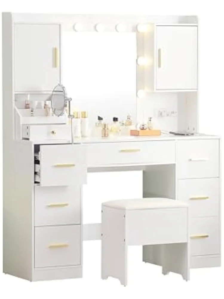 large vanity with folding makeup mirror, dressing table with makeup organizer, power outlet, suitable for bedroom
large vanity with folding makeup mirror, dressing table with makeup organizer, power outlet, suitable for bedroom