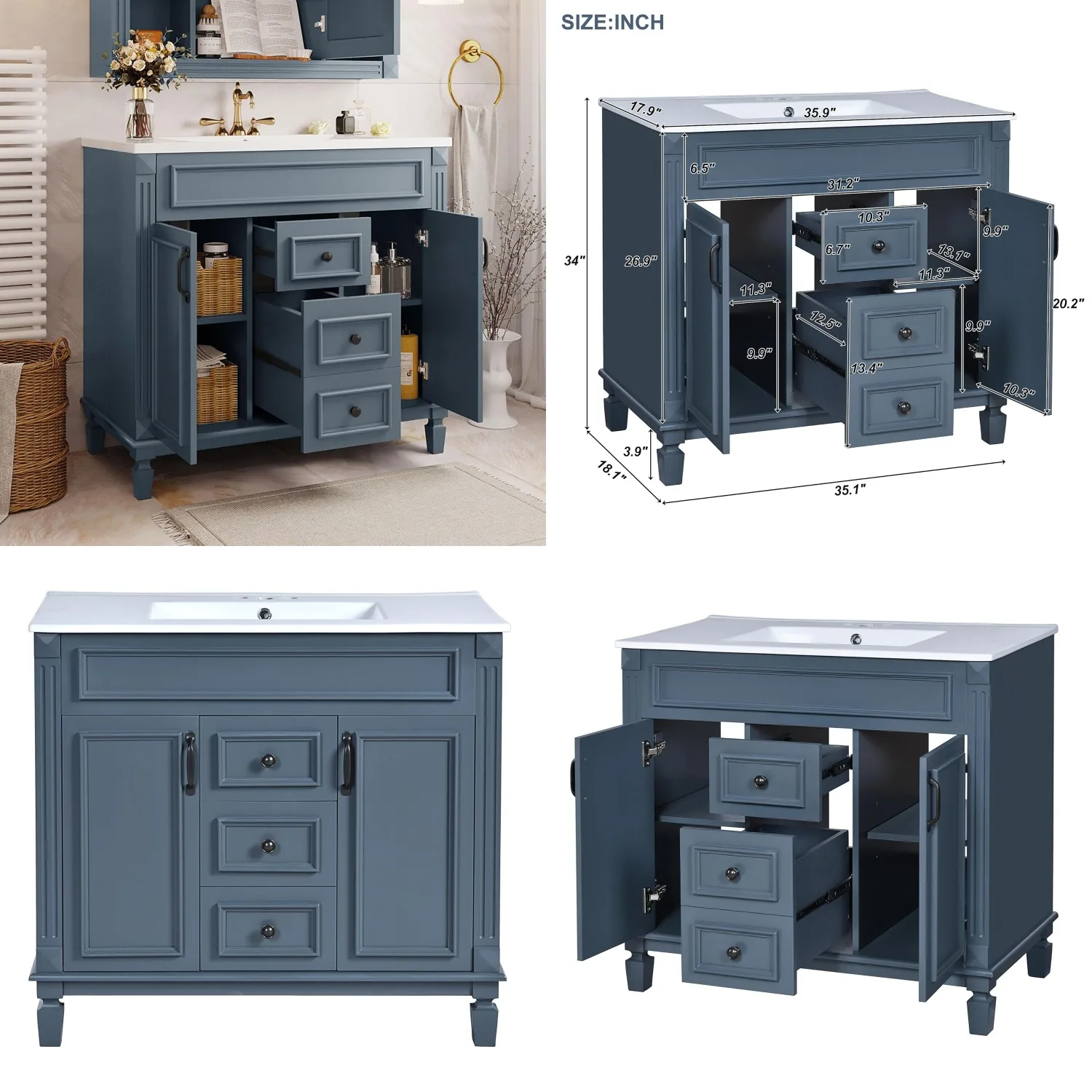 36" Modern Bathroom Vanity with Sink Combo Wood Storage Cabinet Soft Close Doors Drawers, Customized
36" Modern Bathroom Vanity with Sink Combo Wood Storage Cabinet Soft Close Doors Drawers, Customized