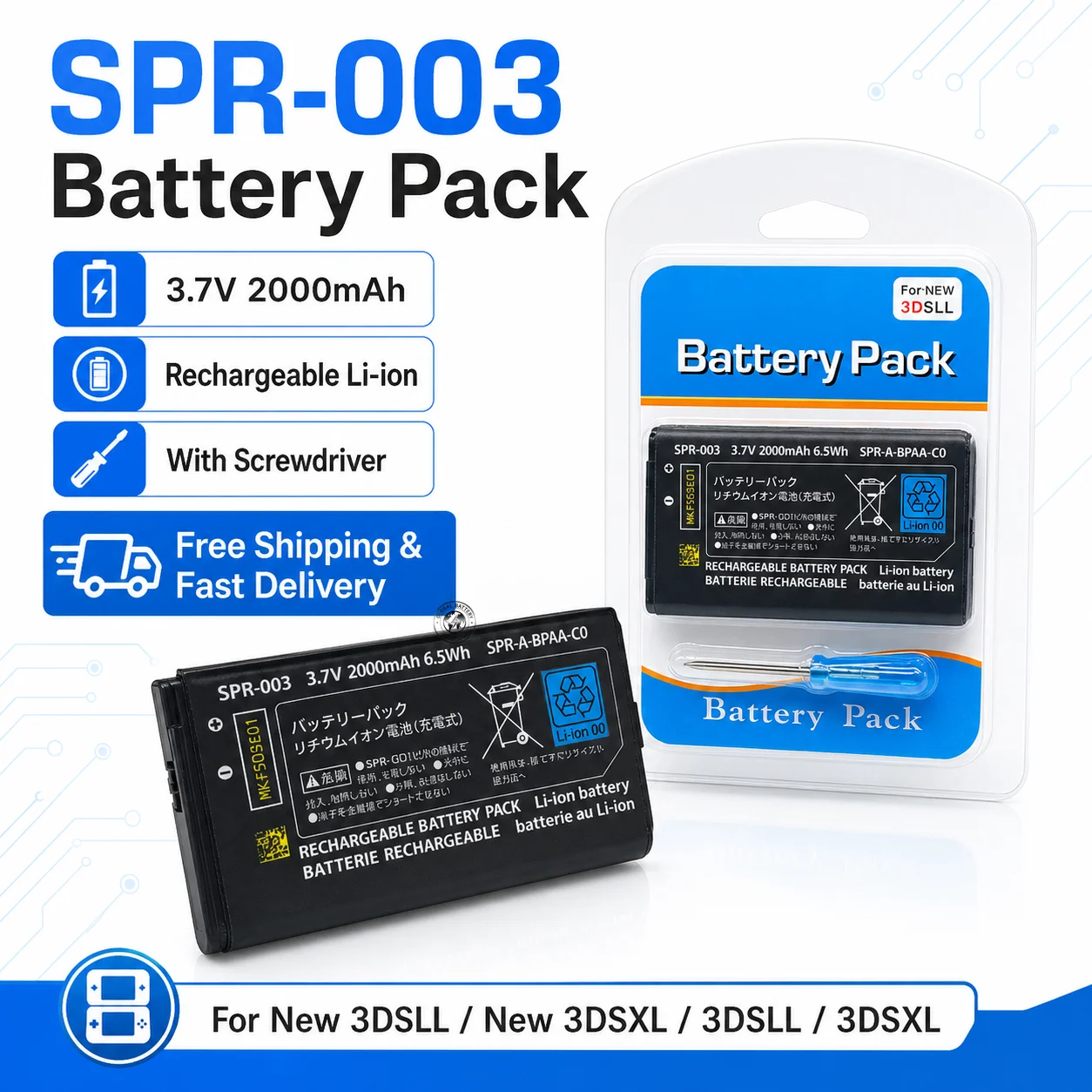 2000mAh SPR-003 Lithium Battery Replacement Kit With Screwdriver Set Compatible For Nintendo 3DS XL 3DS LL Game Machine
2000mAh SPR-003 Lithium Battery Replacement Kit With Screwdriver Set Compatible For Nintendo 3DS XL 3DS LL Game Machine