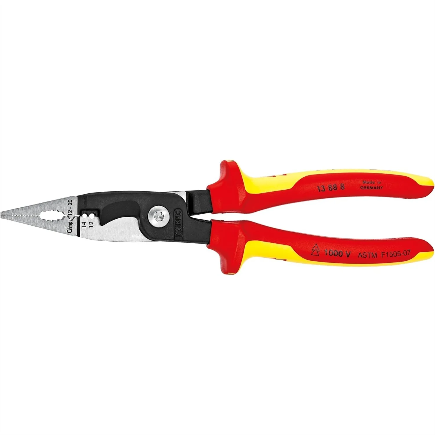 Electrical Installation Pliers 6-in-1, for Grip, Bend, Cut, Strip, Crimp, Deburr, 12+14 AWG
Electrical Installation Pliers 6-in-1, for Grip, Bend, Cut, Strip, Crimp, Deburr, 12+14 AWG