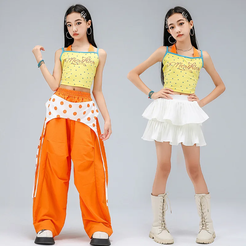 Kid Hip Hop Clothing Yellow Halter Camisole Crop Tank Orange Parachute Pants White Pleated Skirt for Girl Dance Costumes Clothes
Kid Hip Hop Clothing Yellow Halter Camisole Crop Tank Orange Parachute Pants White Pleated Skirt for Girl Dance Costumes Clothes