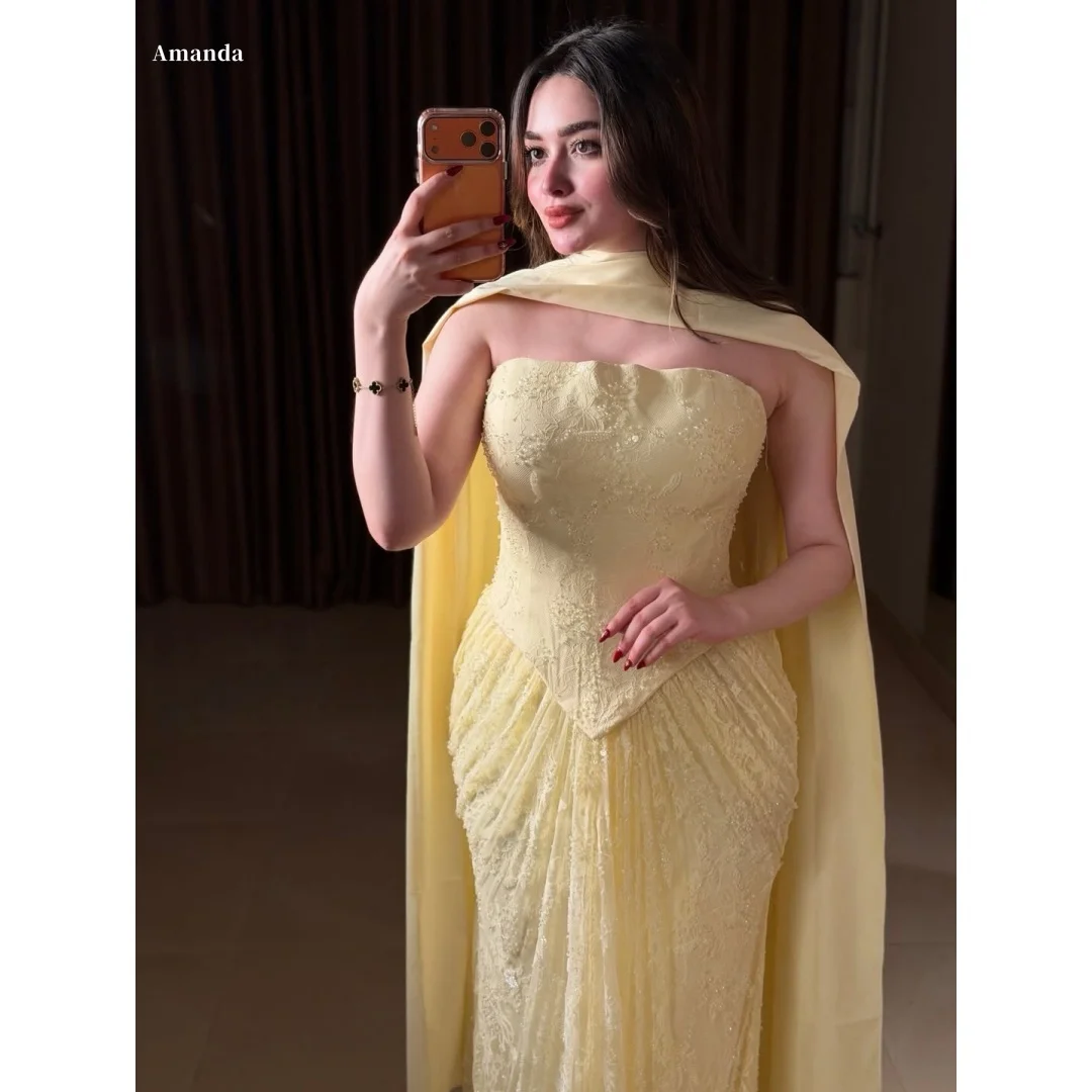 Amanda Customized Pale Yellow Strapless Prom Dress with Beaded Lace Bodice Draped Overlay Ruched Skirt Elegant Formal Eveni
Amanda Customized Pale Yellow Strapless Prom Dress with Beaded Lace Bodice Draped Overlay Ruched Skirt Elegant Formal Eveni