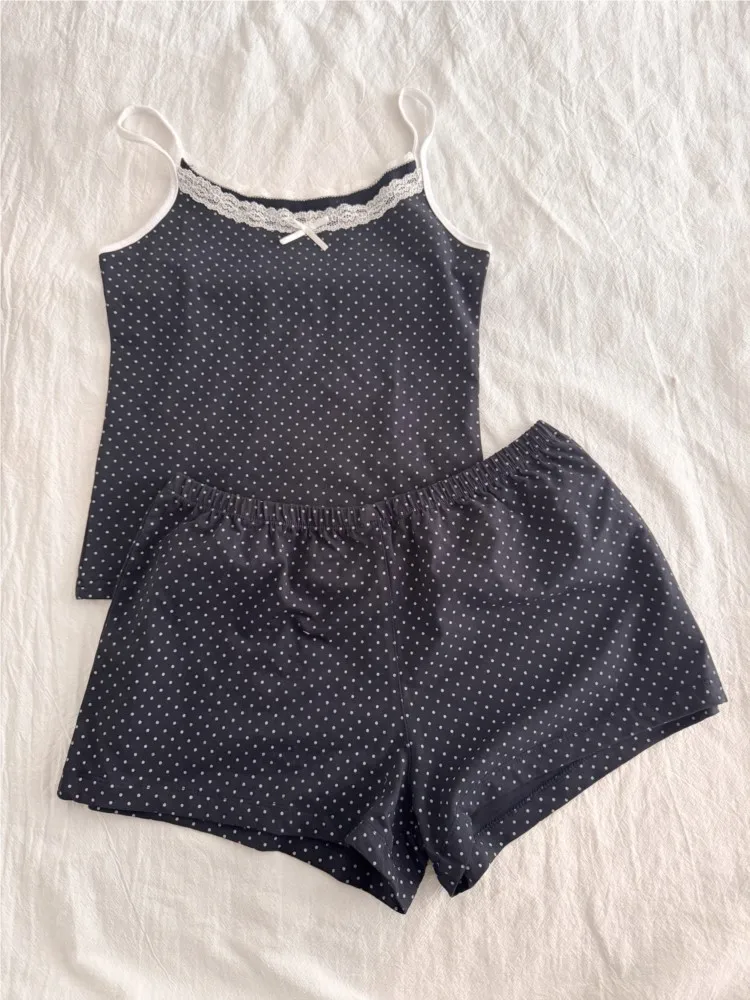 Polka Dots Print Shorts Sets Summer New Bow Lace Trim Sleeveless Slim Tank Top+Shorts Sweet Casual Home Cozy Pajamas 2 Piece Set
Polka Dots Print Shorts Sets Summer New Bow Lace Trim Sleeveless Slim Tank Top+Shorts Sweet Casual Home Cozy Pajamas 2 Piece Set