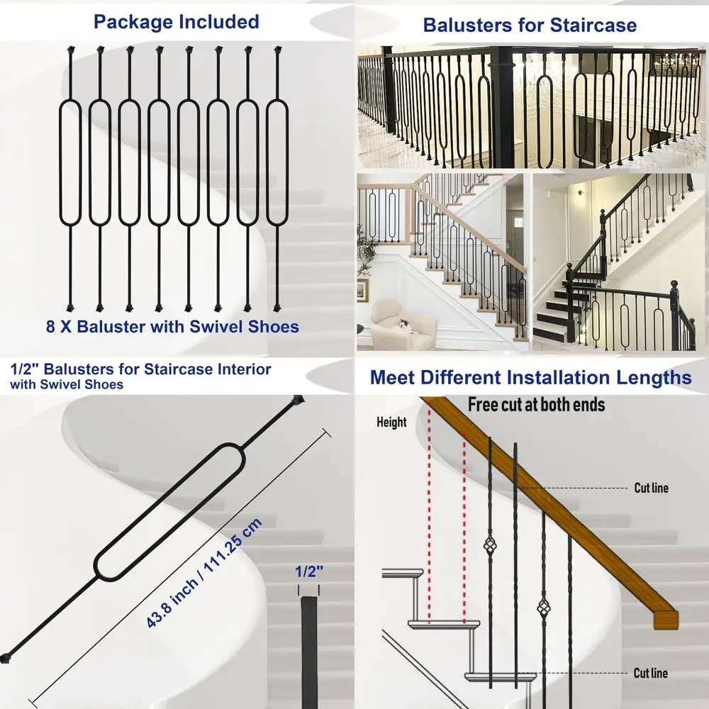 8 Pack Hollow Single Oval & Square Wrought Iron Balusters, 1/2 Metal with Swivel Shoes
8 Pack Hollow Single Oval & Square Wrought Iron Balusters, 1/2 Metal with Swivel Shoes