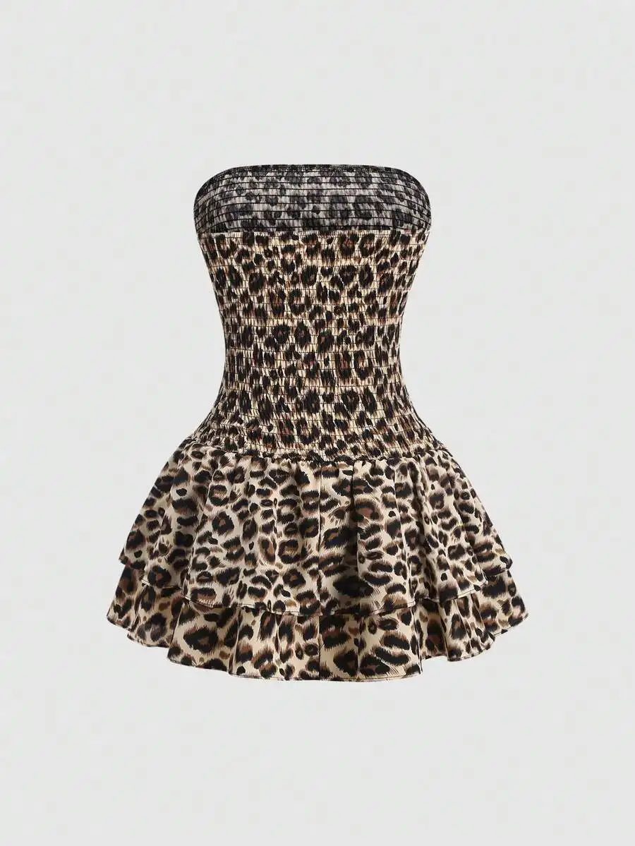 Leopard Print Strapless Shirred Waist Ruffle Hem Mini Dress
Leopard Print Strapless Shirred Waist Ruffle Hem Mini Dress