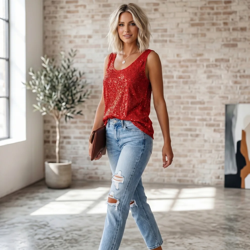 Work Tops Women’s Sequin Vest Top Soft Stretchy Round Neck Blouse Loose Fit Summer Shirt for Commuting Wear Women Summer Tops
Work Tops Women’s Sequin Vest Top Soft Stretchy Round Neck Blouse Loose Fit Summer Shirt for Commuting Wear Women Summer Tops