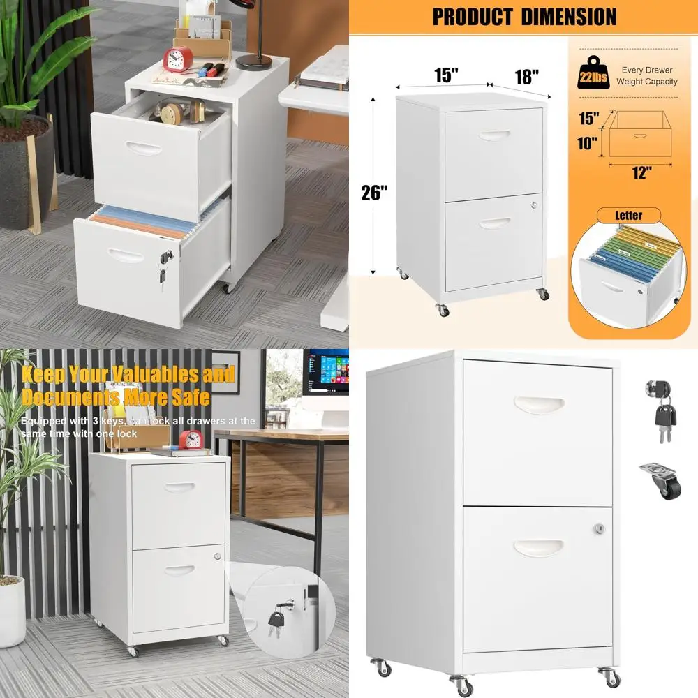 White Lockable Metal 2-Drawer File Cabinet on Wheels for Home Office, Letter Size
White Lockable Metal 2-Drawer File Cabinet on Wheels for Home Office, Letter Size